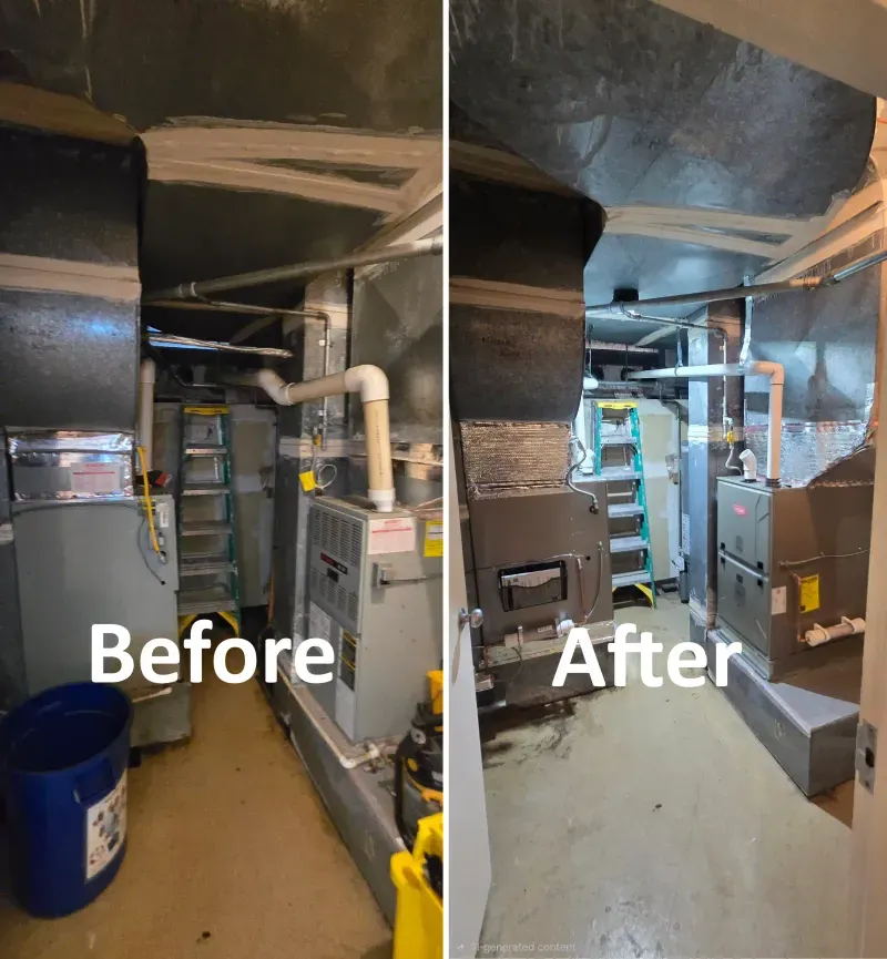 Before and after photos of a gas furnace replacement in a utility room