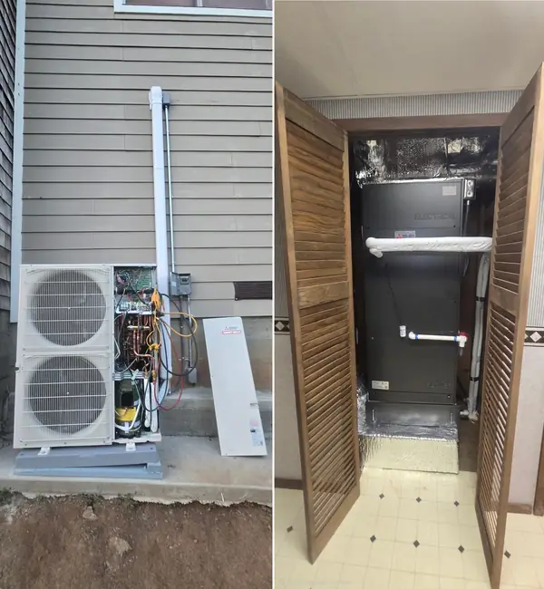 Mitsubishi Electric heat pump outdoor unit with its service panel open during installation, and the new indoor air handler in a hallway closet